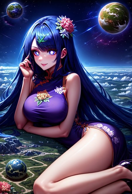 gorgeous lips, cinematic, (masterpiece), (best quality), (ultra-detailed), very aesthetic, perfect composition, intricate details, absurdres, detailed face, (anime, masterpiece, intricate:1.3), (best quality, hires textures, high detail:1.2), score_9, score_8_up, source_anime, 1girl, Liko, blue hair, short hair, green hairclip, blue eyes, very long hair, symbol-shaped pupils, crystals, flower crown, ruanyi0604, purple dress, china dress, floral print, stiletto high heels, large breasts, facial expression, loving, flirting, amused, smiling, head tilt, soft eyes, jvdaniang, goddess, planet size, giantess, giantess in space, in space, giant goddess, humongous body, lying down on planet, giantess lying down on planet, space, galaxies, small planets, floating objects, gradient eyes, beautiful detailed eyes, Side view, solo, (masterpiece:1.4), (best quality:1.4), (ultra-detailed:1.2), gl0w, glow, Extreme Size Difference,
