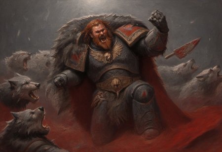 1man, Space Wolf transforming into a werewolf, armour breaking off, axe in hand fighting and killing enemy, masterpiece, best quality, very aesthetic, gothic architecture in background, extremely detailed, wolfman, masterpiece, red beard and red hair after battle, grim expression, swinging axe, blood, tabard, torn cape, gauntlets, black fur, plate armor, wolf head, claws, slashing, Wulfen, werewolf, transform, battle, viking, fenrir, norse, armour