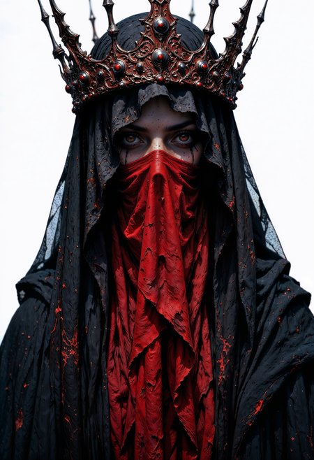 A dark, gothic portrait of a mysterious figure draped in a flowing black veil. The subject wears a red ornate crown adorned with small sharp spikes, giving a celestial yet eerie presence. The background is white solid, enhancing the contrast between the red fabric and the metallic crown. The lighting is dramatic, softly illuminating the veiled face while casting shadows that add to the enigmatic and religiously symbolic atmosphere. The aesthetic is reminiscent of dark baroque or gothic art, evoking themes of mysticism, divinity, and the macabre, HD QUALITY.