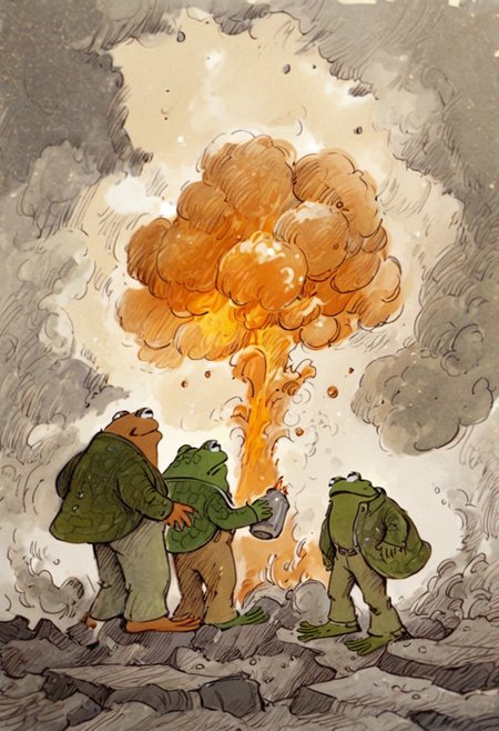 score_9, score_8_up, score_7_up, Frog and Toad, 2boys, nuclear explosion, illustration by Lobel