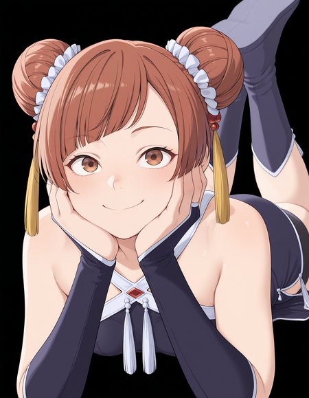 <lora:Laufen_1:1>1girl, solo, 
lauf3n, hair bun, double bun, brown eyes, brown hair, swept bangs, 
lauf3ndef, criss-cross halter, red gemstone, tassel hair ornament, bare shoulders, shorts under dress, black bike shorts, china dress, bridal gauntlets, blue boots,
on front, feet up, hands on face, smile, 
black background, simple background, 
small breasts,, masterpiece, best quality, amazing quality