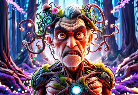 angry old man,cybernetic style Ultimate fusion of technology and allure, Cosmic Cyber Warrior. Embodying the creative genius of Jovana Rikalo, Brandon Woelfel, and Ross Tran, spectacular cosmic landscapes fraught with otherworldly conflict. Shimmering cables course beneath her translucent epidermis, connecting to powerful vertebrae that support a resplendent skull adorned with cascading neon undercut locks. Mysterious constellations twinkle ominously overhead, casting eerie shadows on the ground below. This masterpiece encapsulates the quintessential essence of science fiction, presenting a highly detailed exploration of extraterrestrial themes guaranteed to captivate audiences worldwide. . futuristic, technological, cybernetic enhancements, robotics, artificial intelligence themes,  8k picsmade of ral-mythfrst <lora:ral-mytfrst:1>