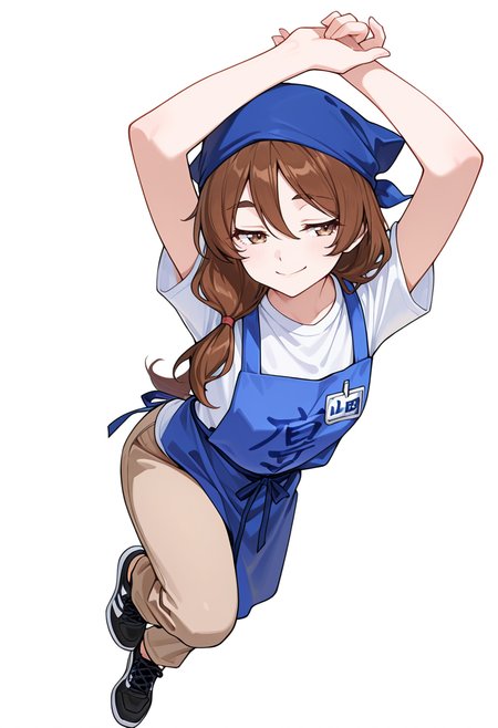 masterpiece,high quality details, absurdres,
 <lora:Natsuno_Yamada:0.8>
natsuno_cnr, 1girl, brown hair, long hair, hair between eyes, brown eyes, thick eyebrows,low-tied long hair,
employee uniform, white shirt, short sleeves,blue apron,brown pants, blue headwear,black sneakers, clothes writing,, simple background, white background, dynamic angle,solo,, fingersmile,seductive smile,, slight side bend,arms raised above head,opposite leg lifted backward,