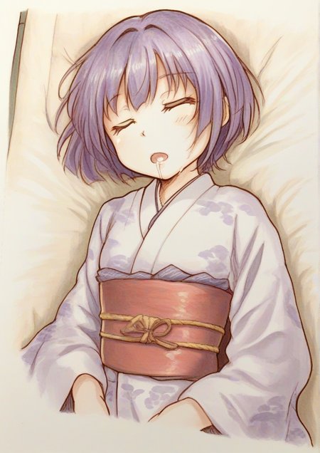 1girl, sukuna shinmyoumaru, by kodoto, animal print, bow, drooling, fish print, japanese clothes, kimono, long sleeves, lying, mini person, minigirl, obi, open mouth, purple hair, sash, short hair, sleeping, solo, zPDXL3, <lora:ã¢ãã£ã¡code_01_ado:1>