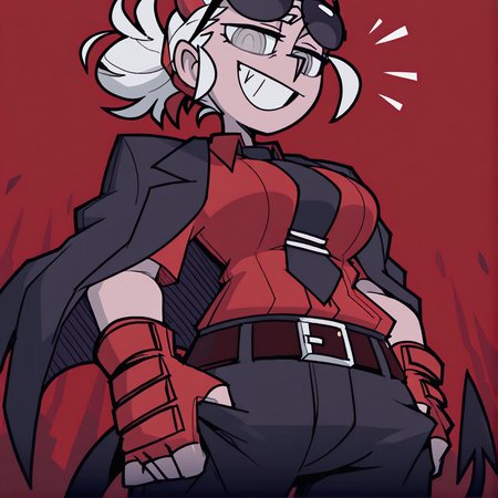 masterpiece,best quality,absurdres,highres, ,<lora:VanripperIllustriousXL_byKonan:1>, vanripper,  <lora:Justice_Helltaker:0.8>, justicetaker, horns, shirt, gloves, 1girl, jacket, solo, sunglasses, red gloves, necktie, red shirt, fingerless gloves, tail, demon tail, jacket on shoulders, black necktie, demon girl, white hair, pants, black pants, eyewear on head,ponytail,, smile, teeth, red background , undressing