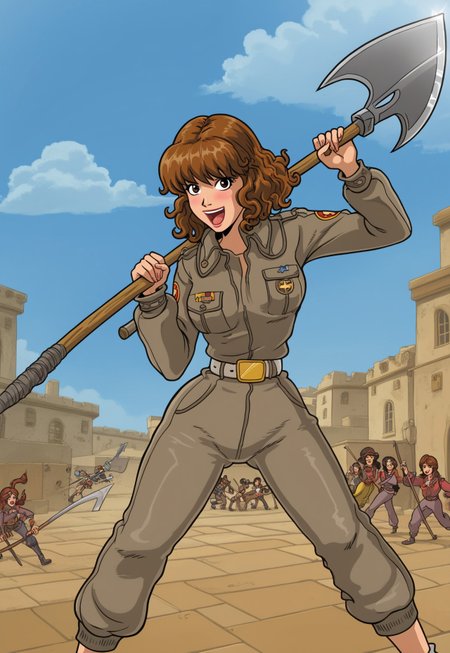 happy girl, random_combat_action_pose, scythe, perfect_face (4K4BUR5TYL3)