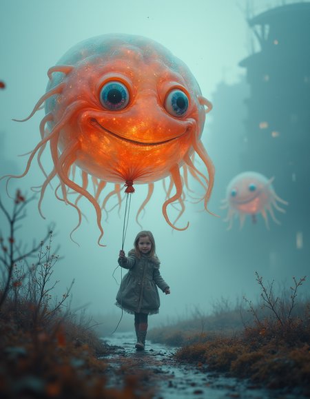Masterpiece, maximum detail, small details. Ultra-realistic photography:

A beautifully composed surreal image of a happy  very young girl walking through a misty, dreamlike, vividly colored landscape. She holds an cute inflatable balloon, but upon closer inspection, the "balloon" is a strange living creature with a gelatinous, semi-transparent body that glows in multicolored hues. The mass has beautiful, small, curious eyes and tendrils that sway gently in the air as if defying gravity. The scene is bathed in soft, ethereal light, with distant, otherworldly shapes in the background hinting at a strange, colorful and fantastical realm. The girl's expression is one of happiness and calm, as if she is completely at ease with the surreal nature of her companion.




































