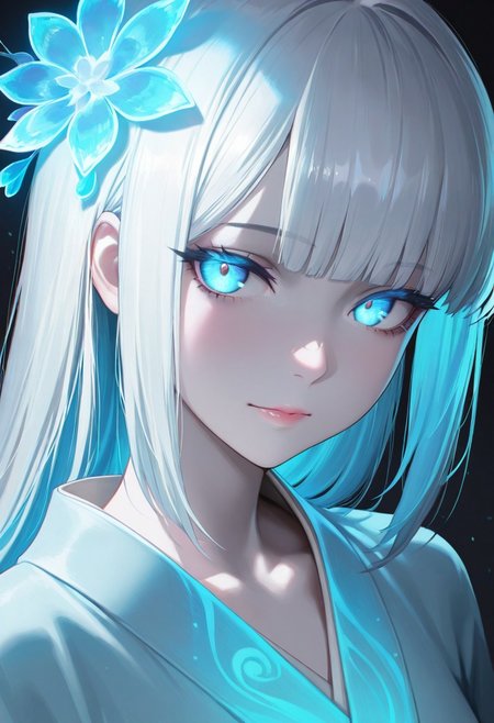 masterpiece,best quality,amazing quality, anime,
1girl, solo, A close-up of a serene anime girl with pale skin, colored skin, (white skin:1.3, long glossy white hair with bangs, long white hair, glowing blue eyes with a hypnotic effect, soft warm lighting, wearing a light blue kimono, mysterious and cozy atmosphere, detailed hair texture, cinematic lighting, dark background, ultra-detailed, 8k resolution