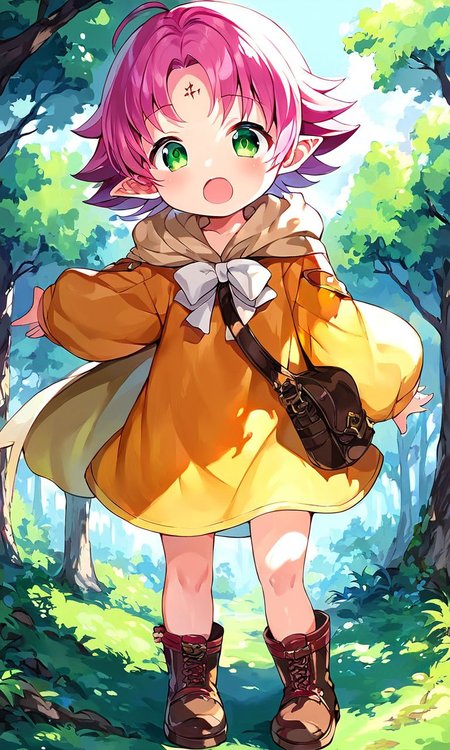 score_9, score_8_up, score_7_up, source_anime, rating_explicit, BREAK  <lora:Fae_Fuuin_no_Tsurugi_XL:1>
Fae, short hair, pink hair, green eyes,  solo, open mouth, facial mark, long sleeves, dress, full body, bag,  boots, cape, child,
forest,