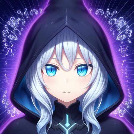mana_sk style, portrait, focus on face, a mysterious lunar priestess girl with long silver hair and glowing pale blue eyes, wearing a dark hood embroidered with crescent moons and stars, a serene and enigmatic expression, soft moonlight casting a gentle glow on her features, Japanese RPG style, tranquil and sacred atmosphere, intricate details on her hood and the moonlight effects