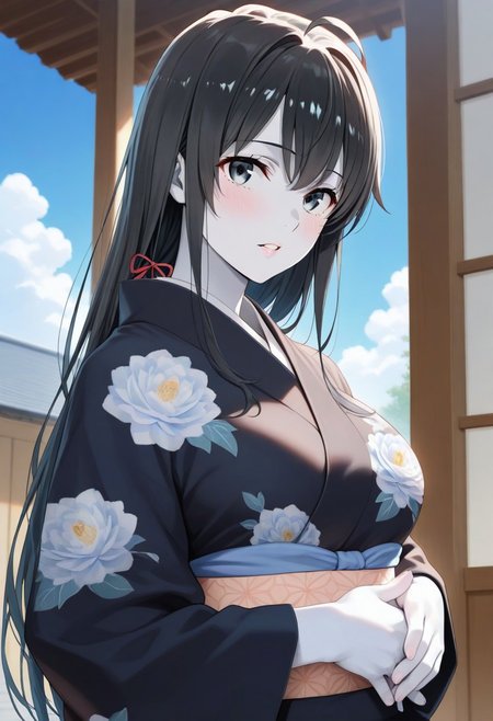 Mother Yukinoshita-Yahari Ore no Seishun Love Comedy wa Machigatteiru
1girl, sky, black hair, long hair, masterpiece, black eyes, colored skin, (white skin:1.3), Yuki-Onna parted lips, looking at viewer, black kimono, floral print, outdoors, hands held together on stomach, cloud, volumetric lighting, blue sky, portrait, upper body,
