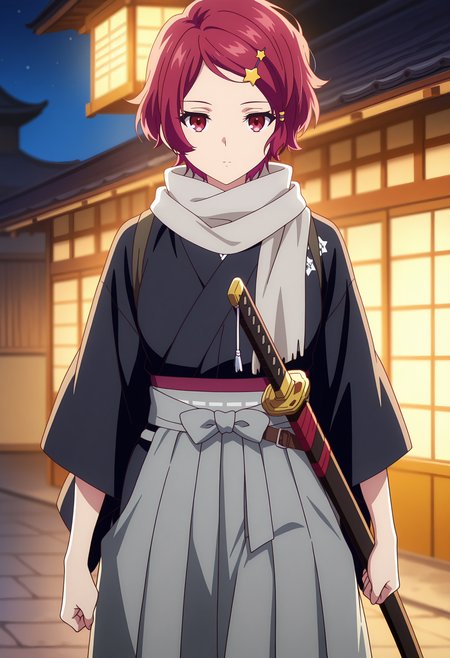 anime screencap, masterpiece, best quality,
<lora:MusaigenNoPhantomWorld_MinaseKoito_IlluXL:0.9>,
1girl, solo, closed mouth, expressionless, 
short hair, swept bangs, red hair, red eyes, star hair ornament, 
grey scarf, black kimono, wide sleeves, hakama skirt, grey skirt, sheath, katana,
walking, looking at viewer, cowboy shot,
outdoors, east asian architecture, night, moonlight, blurry background