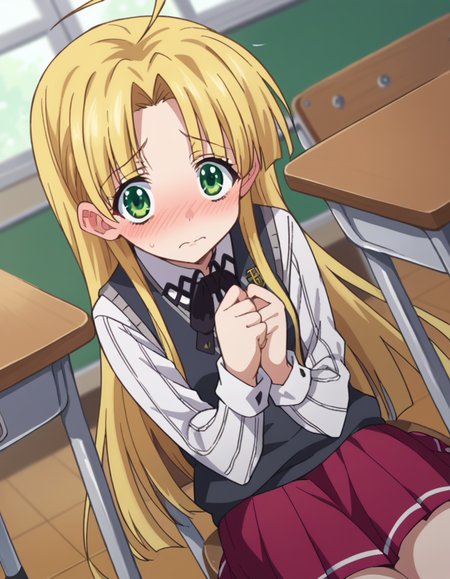 score_9, score_8_up, score_7_up, source_anime,
asiaargento, <lora:asia-argento-ponyxl-lora-nochekaiser:1>,
asia argento, long hair, blonde hair, green eyes, parted bangs, ahoge, blush, embarrassed,
skirt, shirt, long sleeves, ribbon, school uniform, pleated skirt, vest, red skirt, sweater vest,
indoors, classroom, sitting, desk, chair,
looking at viewer, dutch angle, cowboy shot,
