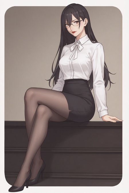 score_9, score_8_up, score_7_up, BREAK source_anime, <lora:Mayuri Hanyuu-PonyXL-lora-Faxtron:0.8> mayuri hanyuu, brown eyes, black hair, long hair, medium breasts, red lips, glasses, white shirt, white neck ribbon, pencil skirt, black pantyhose, high heels,