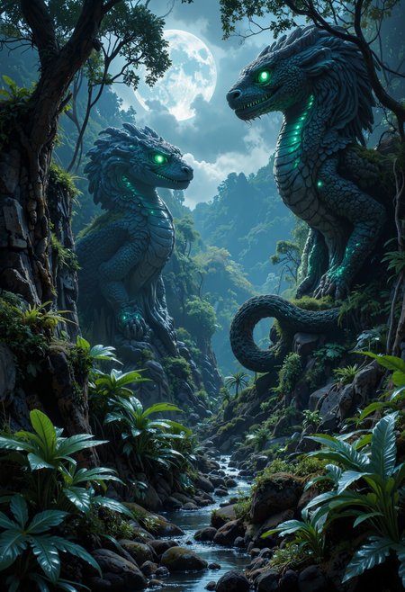 in the style of ck-ovf, Deep in a dense jungle, a forgotten city of massive stone structures is entwined with vines and illuminated by bioluminescent plants. Giant statues of a serpent god, with emerald eyes that glow in the shadows, tower over the ruins. Moonlight filters through the trees, casting soft, blue-green light on the ground, while a shadowy guardian spirit coils protectively around the ancient city, adding a hint of magic and mystery.<lora:ck-OneViolentFantasy-000021.safetensors:0.6:0.6>