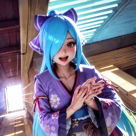 masterpiece, best quality, photorealistic, 3D, shiny_skin, shiny_hair, dynamic angle, beautiful detailed glow, HDR, Rembrandt lighting, colorful refraction, lens flare, bloom, film Reflection, chromatic aberration, light diffusion, public indecency, cowboy shot, deep meaning, physically-based rendering, bright, vibrant, intricate, 1girl,yamato iori,<lora:yamato iori:1.0>,  :d,light blue hair,long hair,kimono