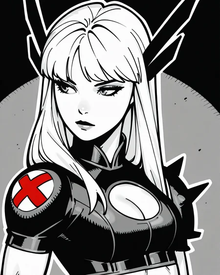 masterpiece, best quality, absurdres, perfect quality, absolutely eye-catching,   <lora:ChrisBachaloIllus:1> bachalo, <lora:Magik ModernilluLoRA:0.9> mgik, long hair, hair ornament, crop top, , cleavage cutout, single shoulder armor, from side, portrait, profile, greyscale,