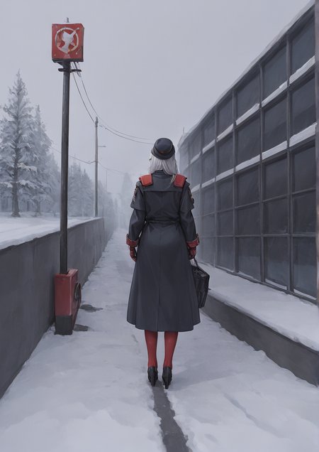1girl, huge breast, asymmetrical gloves, black coat, black footwear, cable, coat, container, french text, from behind, gloves, grey hair, hat, holding, long sleeves, machinery, pulley, red gloves, scaffolding, scenery, see-through, see-through legwear, shoulder pads, sideways glance, snow, solo, stairs, standing, thighhighs, traffic cone, utility pole, wheel, zPDXL3 <lora:çæ¿å­:0.7>