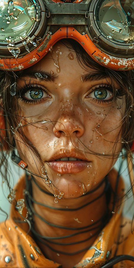 there is a woman with goggles on her head and a yellow jacket, ultra-realistic digital art, hyperrealistic digital art, hyperrealistic digital painting, ultra realistic digital painting, post apocalyptic outfit, cyberpunk, dirty