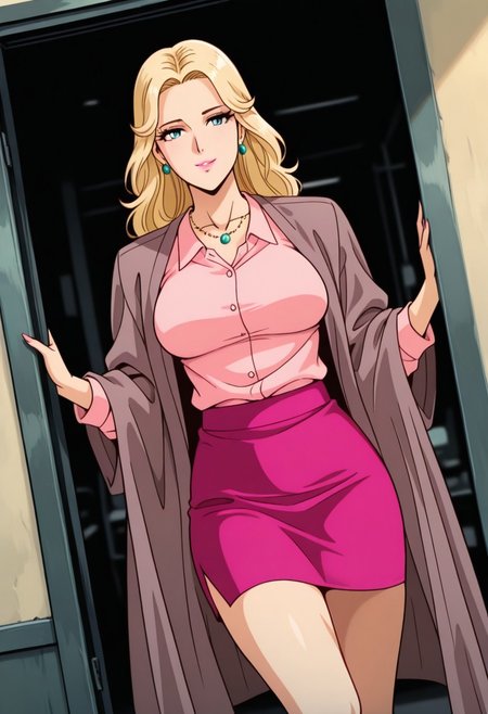 PerrineValleyMB, 1girl, solo, long hair, blonde hair, blue eyes, nose, eyelashes, pink lips, makeup, earrings,  collarbone, large breast, thick thighs, muted rose cloak, pink shirt, necklace, bright pink skirt, shoes, high heels,
,seductive pose, sexy pose, tease, 
masterpiece, best quality, ultra-detailed, very aesthetic, detailed background, very aesthetic, newest, scenery, highres, 4k, absurdres, 8k, colorful,vibrant, glowing, perfect face, 2d, perfect eyes, detailed eyes, 
 masterpiece, best quality, ultra-detailed, very aesthetic, newest, scenery, absurdres, perfect anatomy, , perfect face, perfect eyes, mature body, clear eyes, beautiful eyes, athletic, curvy body, athletic girl, perky tits, perfect tits, round breasts, pinup pose, teasing, lustful expression,
muscular female, dutch angle,
,detailed eyes,Smooth Negative, highres, absurdres,   uncensored,