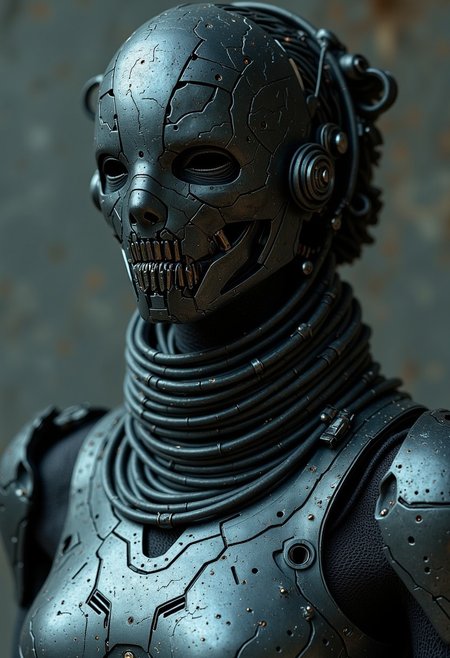 dystujo, Her mouth is partially visible, the lips tight and unforgiving, with a barely perceptible sneer that hints at the deadly prowess she possesses. The skin around her mouth is taut, as if pulled tight by the mechanical elements beneath, making her expression appear both fierce and calculating. Her neck is encircled by a collar of interlocking plates, each piece forged from dark, matte titanium, with delicate lines of glowing blue veins running through them. The collar is not just ornamental—it is a practical, chilling piece of technology, a focal point for her neural enhancements. Small, mechanical tendrils and servos extend from it, subtly adjusting her posture with every calculated breath she takes, further enhancing her deadly grace. Beneath the gleaming, nearly imperceptible mesh of chrome and circuitry that covers her upper chest, the outline of her armor is visible—angular and aggressive, like a predator’s exoskeleton. The surface of her armor is marred with deep, battle-worn scratches, the marks of countless skirmishes. Small mechanical servos and pistons are visible, embedded just beneath the surface, their functionality as seamless as the rest of her body. A faint hum can be felt from these mechanical elements, as though her body is powered by an inexhaustible, unseen source of energy.