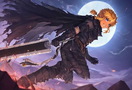 masterpiece, very aesthetic, anime screenshot, 1girl, Pink_PonyXL, DragonSlayerSword-Il.V1.0, black armor, shoulder armor, gauntlets, greaves, bandaged arm, black cape, torn cape, bright pink hair, cat ears, scar on nose, cat bell around neck, tanned, white tiger tail, small breasts, femine body, smiling, making a cute cat face, single fanged tooth showing, standing, looking at viewer, side view, wielding-dragonslayer, huge weapon, sword, holding sword, holding weapon, full body, zoomed in on pink_ponyxl, Dutch angle, cowboy shot 
Break
Break 1boy,Anime screencap,link (zelda),blonde hair,blue eyes,pointy ears, low ponytail, sidelocks, wearing blue hyilian tunic, fawning over pink_ponxl
Break
City of hyrule on fire, at night