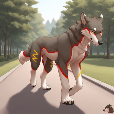 masterpiece, best quality, amazing quality, 
1boy, solo, feral, quadrupedal,Mosfetbah,wolf,two toned body,dark grey fur,white fur,red markings,yellow markings, 2 horns, walking, close-up, face focus, outdoors, park, trail, front view,