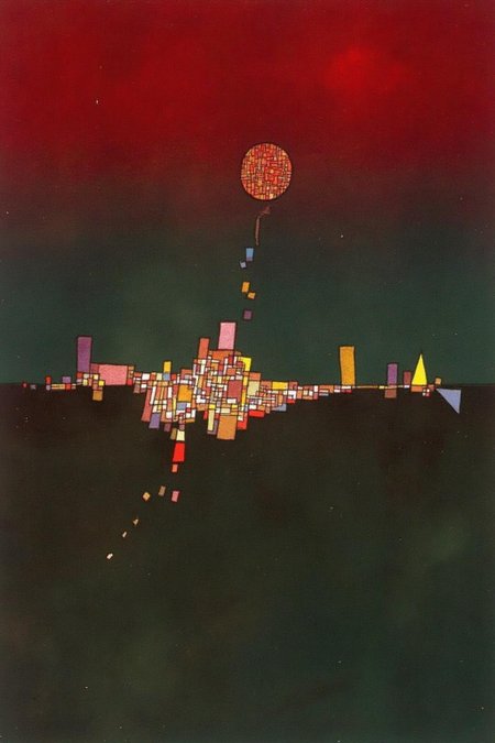 paulklee1 painting.
A cityscape under a gradient sky transitioning from deep red at the top to darker green at the bottom. The cityscape is composed of geometric shapes, primarily rectangular and triangular, in various colors arranged in a fragmented manner. <lora:paulklee1_cap_d8a4e6:1.0><lora:838832011117424823:0>