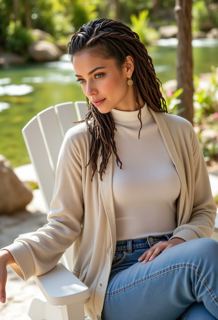 profile headshots, she is approximately 18 years old, she is smiling, dynamic angles, multiple angles,She is looking at the camera, photoshoot poses; a photo of vanessa_V1, a woman with braids, wearing a necklace,  she has the perfect milf body, thin waist, wide hips, golden triangle,  wearing a beige cardigan, white turtleneck and denim blue jeans, a woman with large breasts, she is sitting in a white deck chair, on a dock lined with flower pots, a beautiful pond in the background,  The scene is set in a cozy and inviting atmosphere, with the woman being the main focus of the image. Huge breasts, busty breasts,  a smile on her face.  Style: realistic hyper-detailed rendering, 32k UHD, expressive eyes, punk, graphic design, girl's face, pretty and cute, gleaming lips, telling a tale of adventure. Exuding confidence and serenity. The overall mood of the image is happy and relaxed,detailed skin texture,(blush:0.2),(goosebumps:0.3),subsurface scattering,with a playful and whimsical tone, aidmafluxpro1.1, retro50s_style, Detailed hand, perfect hand