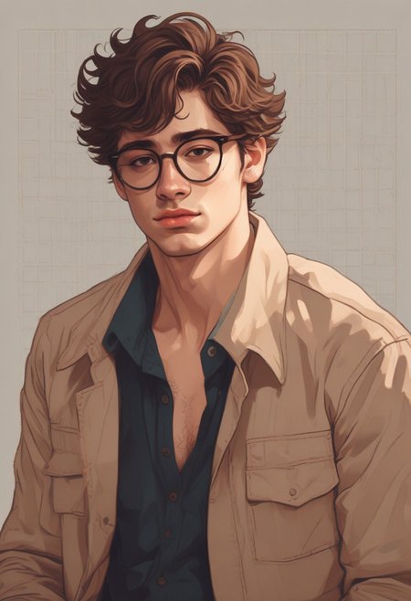 masterpiece, best quality, amazing quality, very aesthetic, flat colors,
1guy, male, masculine, adult, 20s, glasses, shadow, light, coffee colored hair, blushing, curly fringe, round glasses, fluffy hair, hazel eyes, light coffee brown hair, short hair, masculine style,