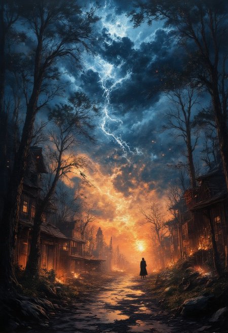 a stormy night on the edge of a medieval forest, an enigmatic figure in a dark cloak summons lightning with a raised staff, ancient runes glowing along the path, wind-swept trees bending dramatically, a distant village lit by fleeting sparks, oil painting, dynamic and charged with energy  
<lora:aidmaImageUpraderv0.3:0.4> aidmaimageupgrader,  <lora:aidmaMJ6.1v0.4:0.6> aidmaMJ6.1,  <lora:cheats:1>