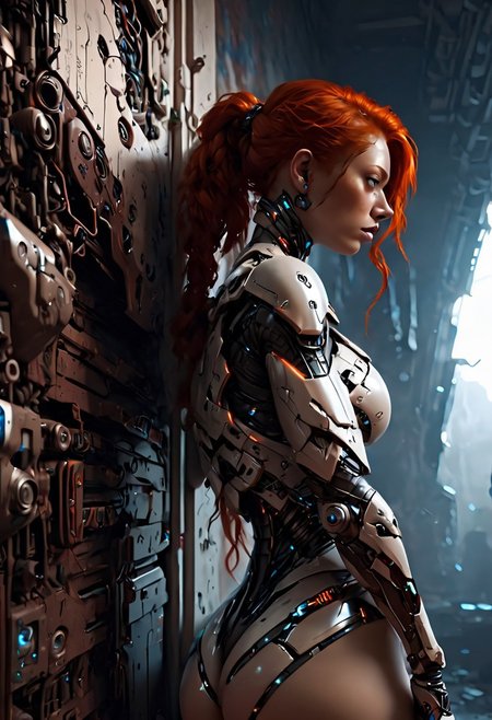 insanely detailed, masterpiece, best quality, 8k, ultra high res, High contrast and low saturation, cpunk, IBG, 4ng3l face
1girl, redhead, big breast, ultra detailed body, seductive, cyborg body, leaning on wall, resting, sci fi background,  <lora:EpicF4nta5yXL:0.8>