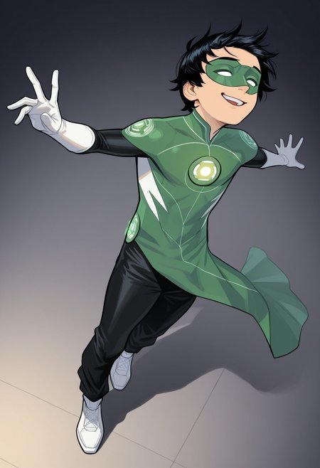 masterpiece, absurdres, high quality, perfect anatomy, 1boy, solo, cute boy, male focus, TaiPham, Black Hair, Green Lantern Ring, Green Lantern Costume, Green and Black Bodysuit, Green Domino Mask, White Eyes, White Gloves, Pelvic Curtain, Black Pants, White Shoes, big smile, cinematic, intricately detailed illustration, depth of field, masterpiece, best quality, amazing quality, very aesthetic, absurdres, newest, very awa,  shadow, dynamic angle, casual cosplay, dynamic pose,