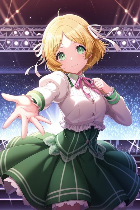 masterpiece, best quality, amazing quality,
 <lora:Miiko_IL:1> miiko, 1girl, skirt, green eyes, solo, blonde hair, green skirt, long sleeves, shirt, ribbon, puffy sleeves, white shirt, smile, outstretched arm, short hair, looking at viewer, lights, stage outfit
