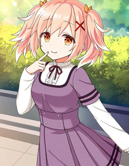 masterpiece, best quality, newest, absurdres, highres, safe, 1girl, fumino sayuki \(school uniform\), magia record: mahou shoujo madoka magica gaiden, white sleeves, solo, smile, looking at viewer, outdoors, dutch angle, <lora:fumino_sayuki_noobaiXLNAIXL_vPred10Version:0.7>