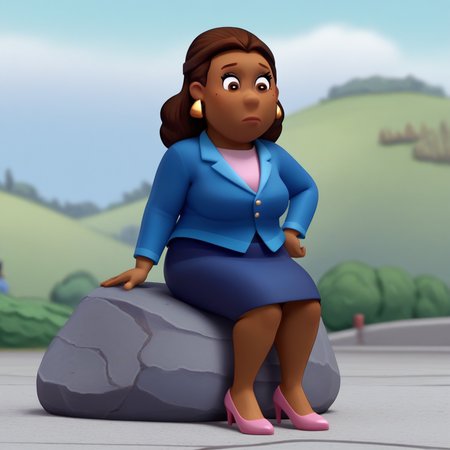 Ugly score_9_up, score_8_up, BREAK, MayorGoodway, 1girl, fat, solo, brown hair, brown eyes, dark skin, earrings, blue suit,  formal clothes, pencil skirt, pink high heels, <lora:MayorGoodway_PXL_Leaf1:1>, outdoors, depth of field, sitting on rock,