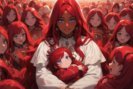 (masterpiece, best quality:1.5), (ultra realistic:1.5), (8k uhd, very high quality:1.5), (extremely detailed face:1.5), (dark skin mother holding her infant girl and surrounded by an endless number of her young children:1.5), (everyone has ruby red hair:1.5), (everyone smiling and happy:1.5), (everyone has bright blue eyes:1.5), (everyone has long ruby red hair:1.5), (the woman is surrounded by endless numbers of her young children that fill the entire background:1.5), (the woman is surrounded by an endless number of her young children that fill the entire background:1.5), (everyone has long ruby red hair:1.5) (city background:1.5)