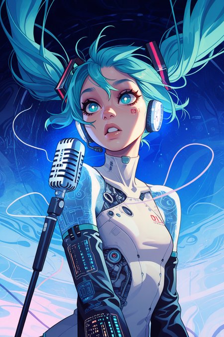 masterpiece, best quality, very aesthetic, (incase:0.4), detailed face, (dynamic:1), stylized, illustration, <lora:Rapscallion_Illustrious:0.3>rapscallionstyle  <lora:GTA6 Key Art Style NoobA:0.8>gta6style, <lora:Eop:1>,
1girl, hatsune miku, white pupils, power elements, microphone, vibrant blue color palette, abstract,abstract background, dreamlike atmosphere, delicate linework, wind-swept hair, energy