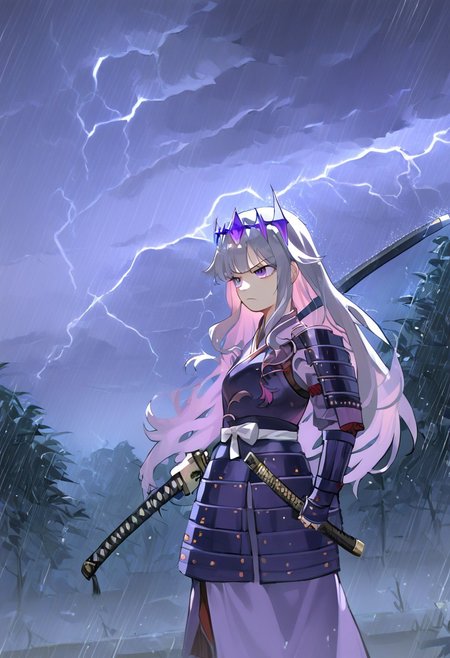 score_9, score_8_up, score_7_up, hadrian, source_anime, 1girl, thunderstorm, rain, lightning, <lora:ChamKosekiBijouPonyXL:0.8> KosekiBijou, long hair, hair flaps, floating headpiece,  <lora:samurai_armor_pony:1.1> samurai, purple clothes, holding katana, serious