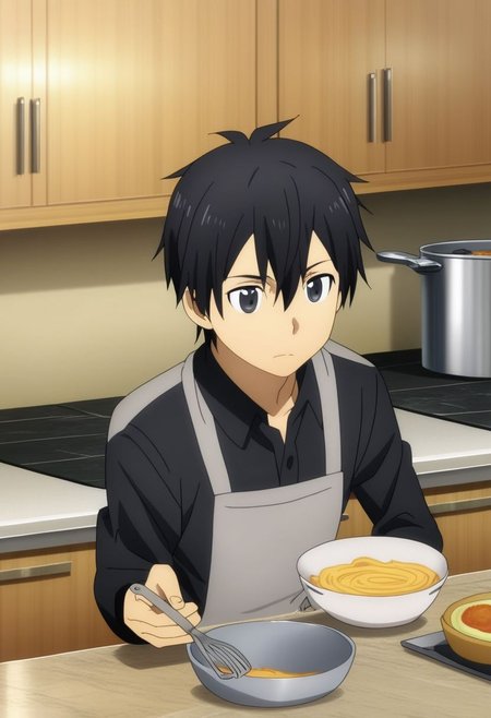 high resolution, professional photography, solo, best quality, 1Boy, Kazuto Kirigaya, Black Hair, Black Eyes, cooking, kitchen, OverallDetail