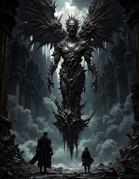 hyper realistic and highly detailed, highly dynamic cinematic panorama view, concept art concept art a classical baroque painting of a cinematic ending to a bloodborne boss, dark fantasy, ancient era, a man emerging from an eldritch flesh portal, alien human spider angel hybrid, prophecy being fulfilled, Megalophobia, feeling of insignificance, zoomed all the way out, Dutch angle, extreme image angle, extreme violence, horrific in appearance, highly detailed, extremely detailed painting, extreme Trypophobia, digital artwork, illustrative, painterly, matte painting, highly detailed, religious connotations, blind-folded, incomprehensible, human body melded together in a gruesome manner, broken angel wings, body horror, zoomed out to see an unholy cathedral, . digital artwork, illustrative, painterly, matte painting, highly detailed,  Steel Gray hue and Pewter tint, atmospheric haze, panoramic zoomed out view, highly dramatic lighting, MythP0rt
<lora:FredFraiStyle-FLUX-Share:0.5>  <lora:FluxMythP0rtr4itStyle:0.7>   <lora:dark_fantasy_flux:0.9>