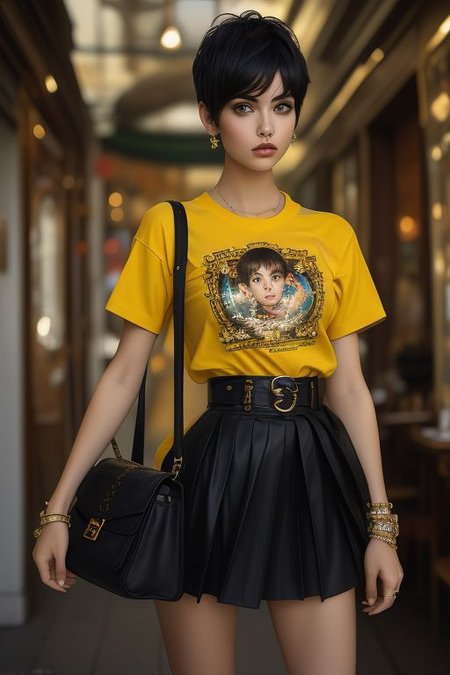 masterpiece,best quality,ultra_detailed, bellissima, 1girl ,  westwood style, haircut style pixie, miniskirt, shirt, from below, shoulder bag  ,by Ellen von Unwerth