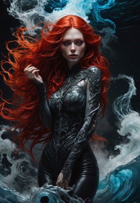 safe_pos, 40 years old sexy jeisa chiminazzo, (strong wind and water:1.6), hot red & black super long hair, magic ice from her hands, sideways, tall petite slim, tall, pale white skin, room full of smoke, high-contrast lighting, vivid textures,  edgy, surrealism