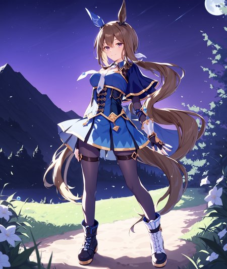 score_9, score_8_up, score_7_up, source_anime,
outdoors, moutain, night, grassland, moon light, dark, mountainous horizon, 
shobufuku, 1girl, solo, purple eyes,
standing, full body, 
bangs, hair between eyes, ponytail,brown hair, long hair, horse ears, horse girl, horse tail, ear covers,
looking at viewer, blush, smile, black sleeves, gem, jewelry,
blue skirt, single fingerless glove, black pantyhose, necktie, thigh strap, (black boot, white boot, asymmetrical footwear, mismatched footwear),
<lora:Admire_vega_XL-ponyXL_optV2-000008:1>