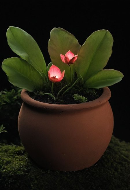 by night, Capture the enchantment of nature's miniature marvel: a tiny weathered sandstone terracotta pot nestled on a wooden night table besides a bed, cradling a translucent luminous pink/black carnivorous plant that bears a striking resemblance to a diminutive translucent xenoegg with a symbolic Embryo inside. Let the juxtaposition of delicate flora and rustic backdrop weave a tale of whimsy and wonder. closeup, 
deep Blacks, very detailed, atmospheric haze, Film grain, cinematic film still, shallow depth of field, highly detailed, high budget, cinemascope, moody, epic, OverallDetail, 2000s vintage RAW photo, photorealistic, candid camera, color graded cinematic, eye catchlights, atmospheric lighting, imperfections, natural, shallow dof