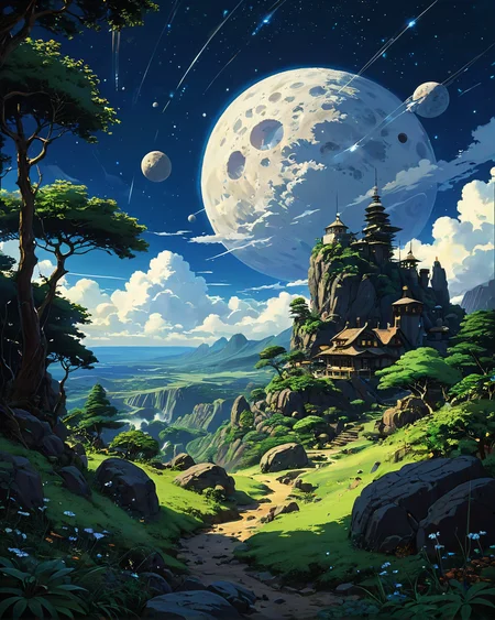 (epic landscape:1.5),  (studio ghibli drawing), (studio ghibli painting),best quality, masterpiece, extremely detailed,  professional  art,  professional painting, an extremely delicate and beautiful, dynamic,  great lighting, perfect shading, professional shading, depth of field,   side soft light, elegant, gorgeous, highly detailed,   full shot, uncropped,   pure genious, absolutely perfect,  highly detailed, breathtaking,  
image style is 3d render with detailed afro pop  incluence ,, Shrubland ,  phantasmal  particles,                                        very few clouds, and lighting strikes,,   in the sky is white  dwarf star and asteroid belts and pulsar , ,
<lora:EldritchRomanceIllustration1.3.1:0.5>,
 <lora:- SDXL - vanta-black_contrast_V3.0:0.2>,
 <lora:add-detail-xl:0.7>,
 <lora:detailed_notrigger:0.7>,