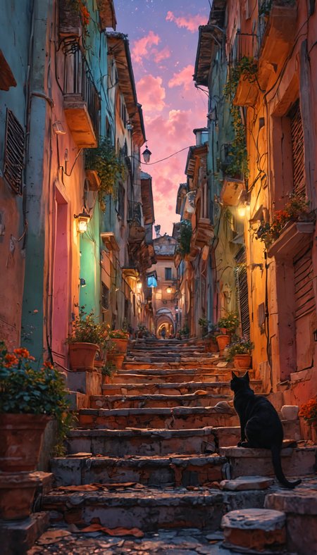 Masterpiece, Concept Art, A busy Alley in Rome Italy, tourists shopping, magical evening sky, black 1cat sits of steps observing, vibrant, aesthetic , extreme details, 8k resolution detailed, trending on artstation, pastel colours <lora:MJ52:0.5>