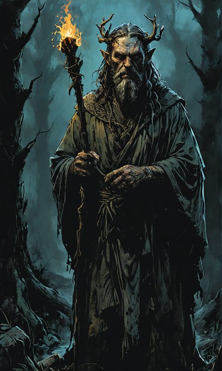 A (comic style image:1.4) a ugly Water druid standing in a dark forest wearing ragged torn robes, holding a polished oak staff, Celtic knots, ethereal magical light, blistering campfire. A dark and haunting style