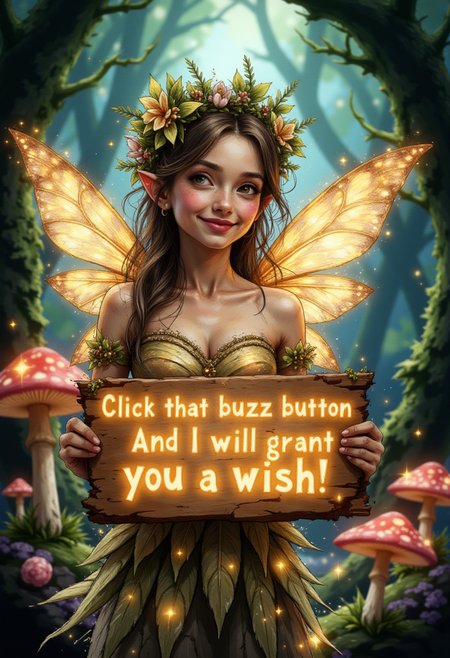 A magical, enchanting fairy with glowing, translucent wings and a playful expression, holding a sparkling sign that reads 'Click that buzz button, and I will grant you a wish!' in glowing, golden text. The fairy is winking mischievously, with a warm smile, surrounded by a whimsical, dreamy forest with glowing mushrooms, soft ambient light, and twinkling stars. The text on the sign appears as if it's pulsating with a magical glow. The fairy is dressed in an elegant, ethereal outfit made of shimmering petals and leaves, with a radiant aura around her. The background is a mix of vibrant greens, blues, and purples, evoking a mystical and inviting atmosphere. The composition is framed vertically (9:16), with the focus on the fairy and her sign."

Settings Suggestions:

    Lighting: Soft, glowing, magical lighting with sparkles and subtle lens flares.
    Style: Fantasy, whimsical, highly detailed, and vibrant.
    Camera Focus: Slightly shallow depth of field to highlight the fairy and the glowing sign.
    Colors: Golds, greens, and purples dominate the palette, with accents of soft whites and blues.