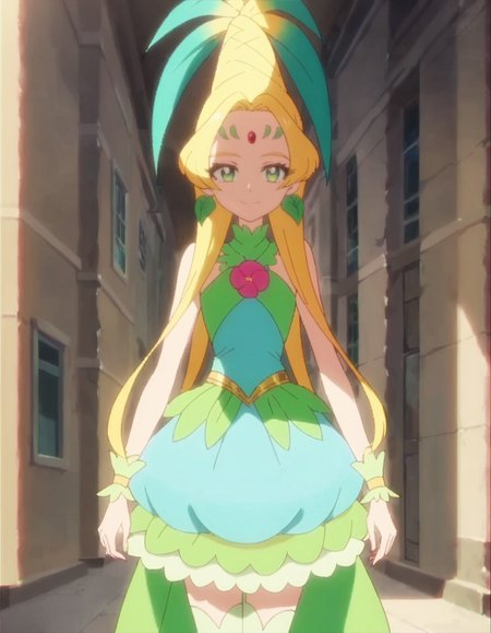 score_9, score_8_up, score_7_up, anime screencap, solo,1girl,cureoasis,jewelry, earrings, thighhighs,  looking at viewer, smile,  wrist cuffs,green skirt,  dress, forehead mark,  sleeveless,<lora:cureoasis:0.8>,